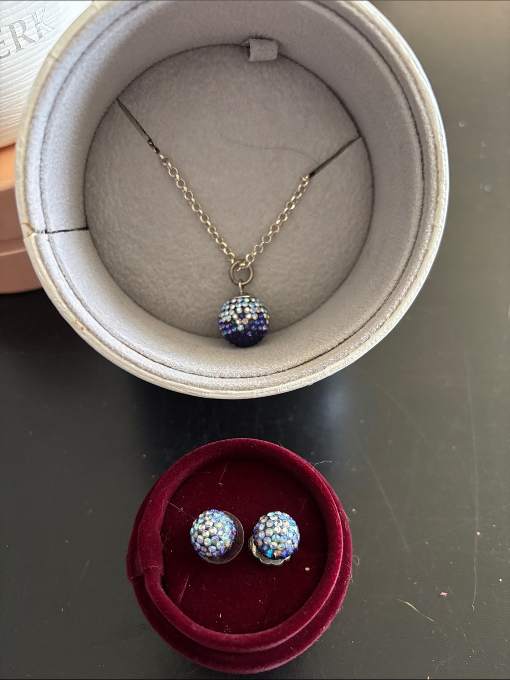 Iridescent Blue Crystal Pavé Ball Necklace and Stud Earrings Set